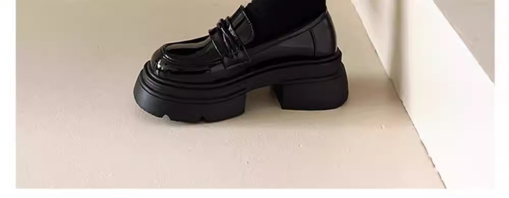 牛皮版~英伦风厚底真皮小皮鞋女复古黑色休闲松糕鞋一脚蹬乐福鞋详情7