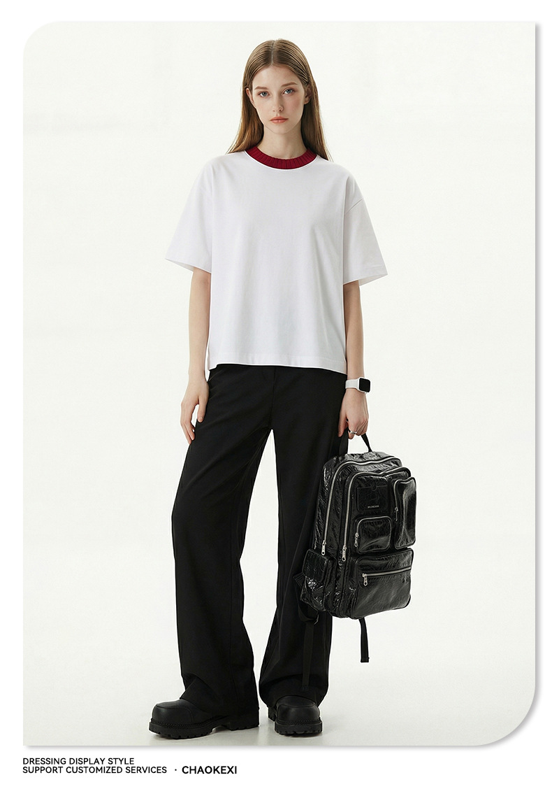 Summer new knitted patchwork color-blocking collar 100% cotton short-sleeved American trendy brand versatile short T-shirt top for men pic 11