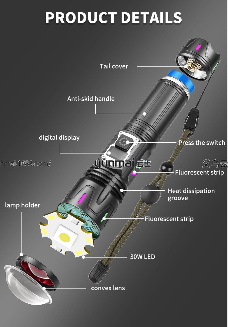 亚马逊新款数显白激光手电筒可透光荧光条带输出强光远射理发器多功能照明工具详情11
