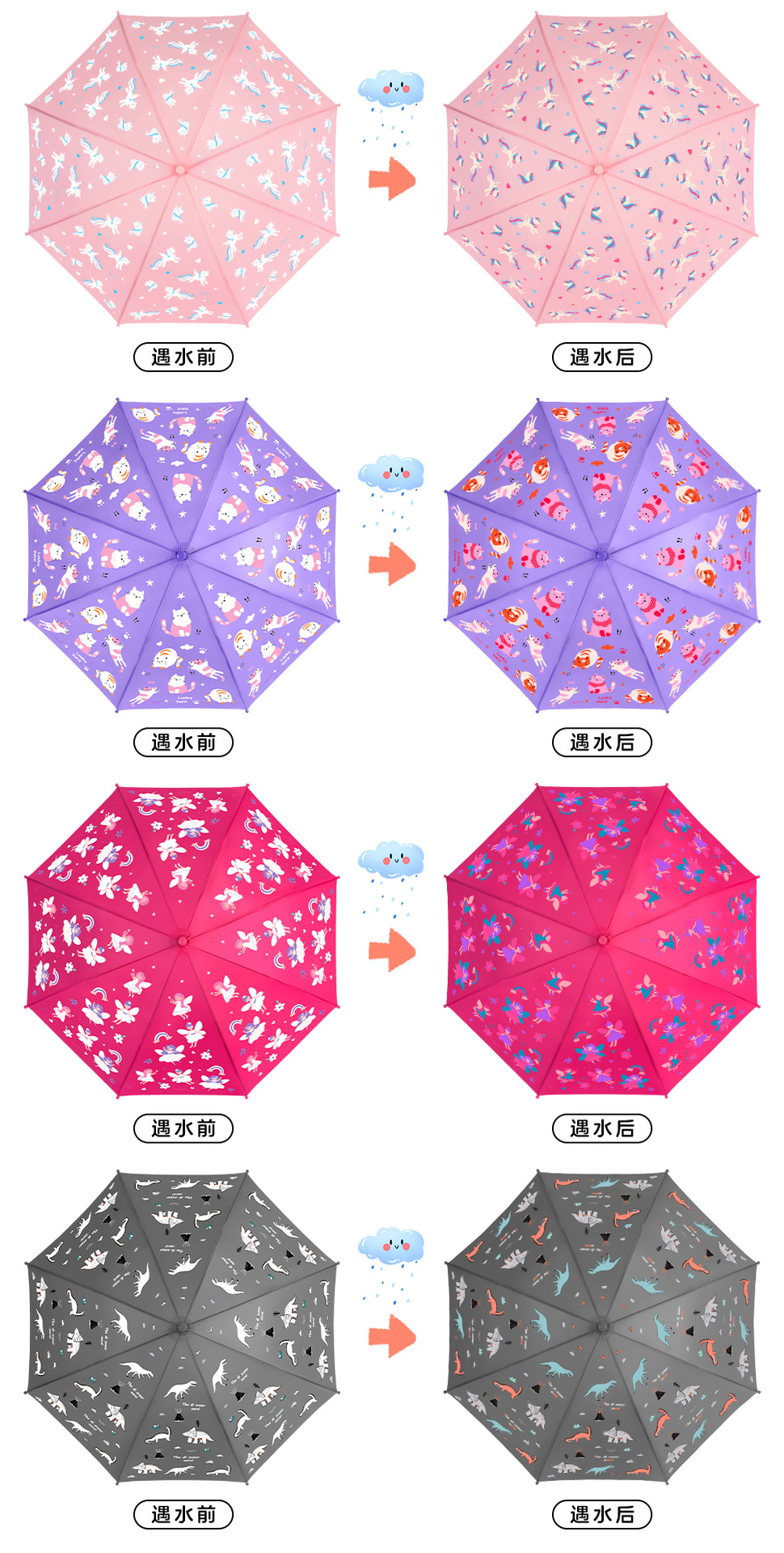 【跨境】儿童遇水变颜色的雨伞卡通图案长柄伞19寸自动小孩子伞详情17