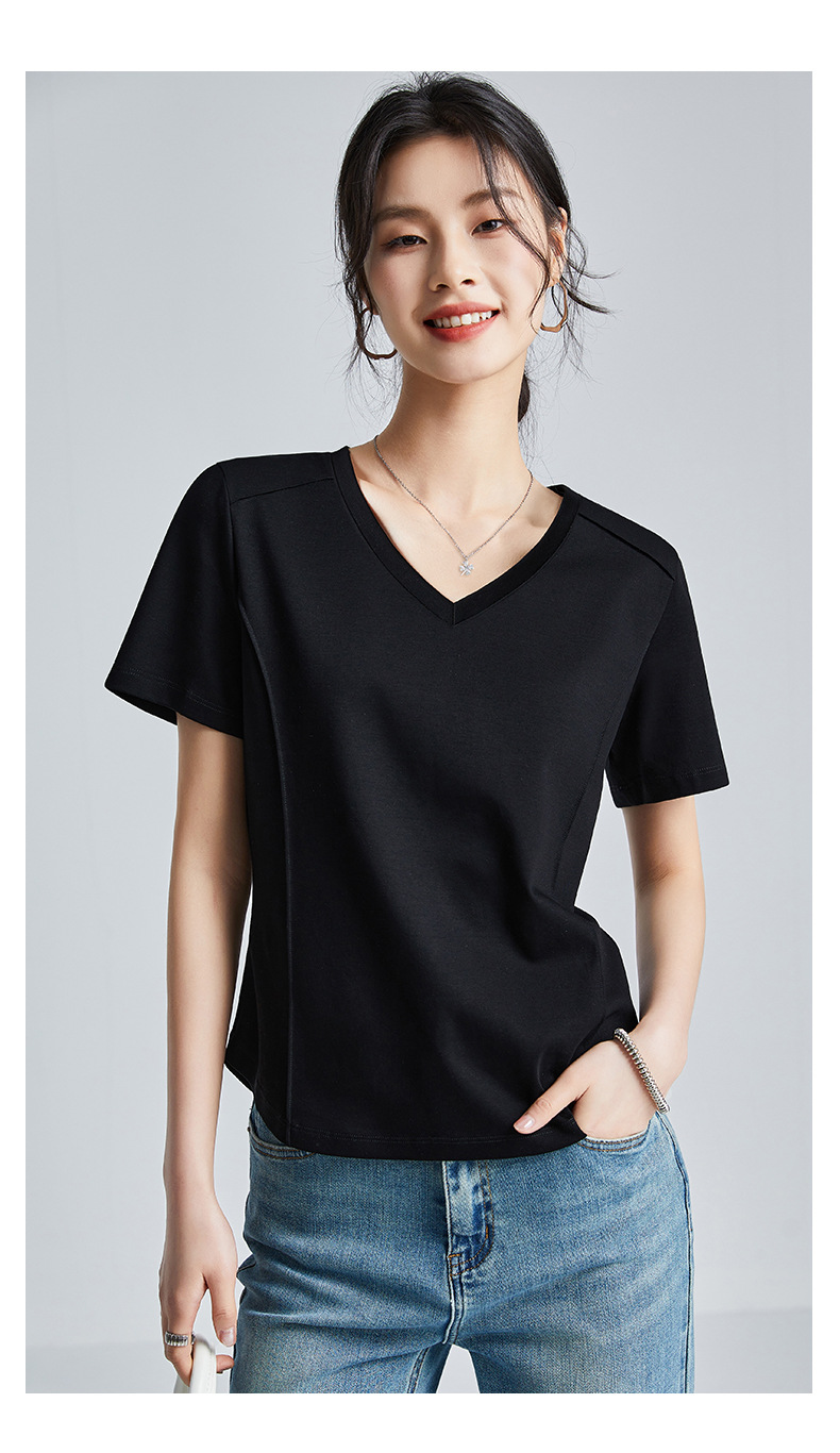 The same style of white short-sleeved off-the-shoulder T-shirt for women in the mall, 25 summer mercerized cotton round-neck base layer T-shirt, half-sleeved pic 40