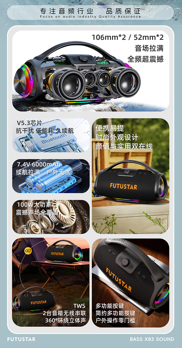 Le Xiangyu 100W Portable Bluetooth Speaker for cross-border Trade, High-power hand-held subwoofer, Outdoor camping Bluetooth speaker pic 7