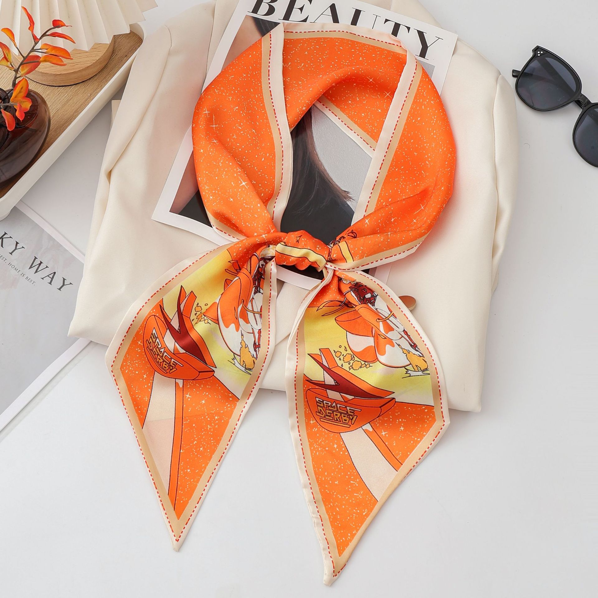 High-end faux silk diagonal neckerchief, long hair tie, versatile twill printed neckerchief ribbon, double-sided pic 5
