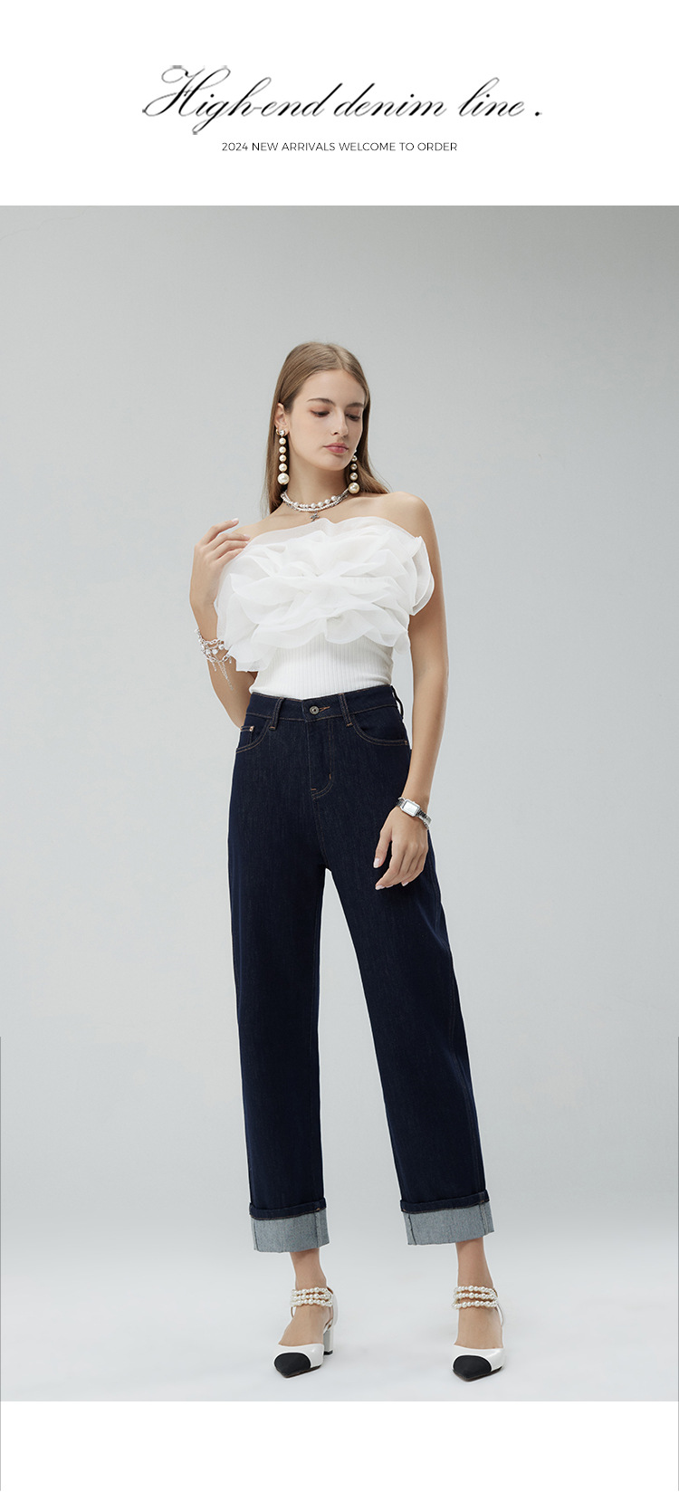 Spring and autumn new light luxury custom jeans, made of dark Lycra fabric, high-waisted, casual and versatile, trendy brand flanged pic 2