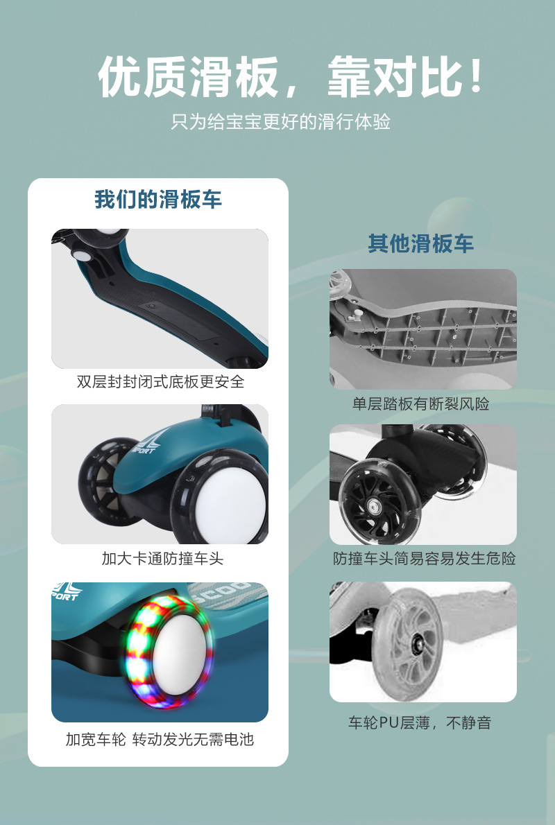 儿童滑板车1岁到8岁加宽加厚儿童滑板车宝宝溜溜车可折叠溜溜车详情4