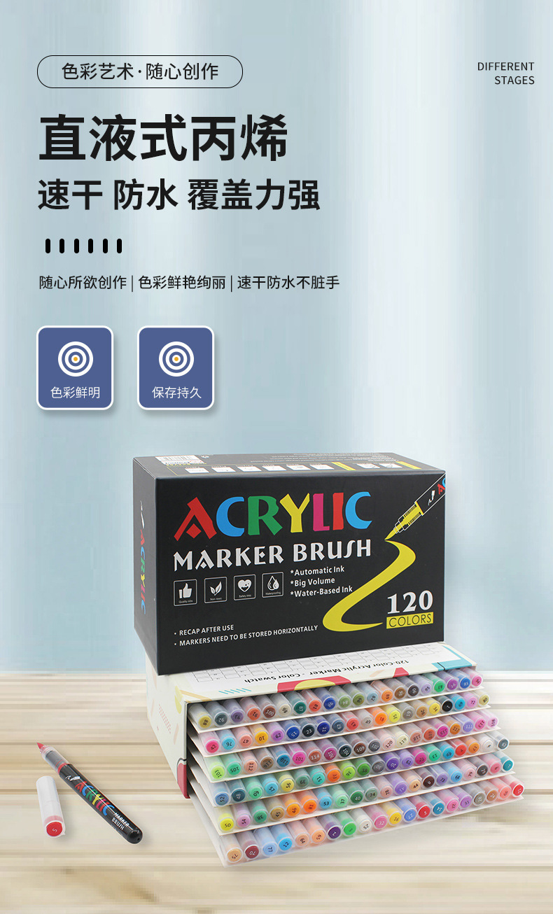 跨境直液式软头丙烯马克笔学生美术不透色单头丙烯马克笔潮色不褪详情1