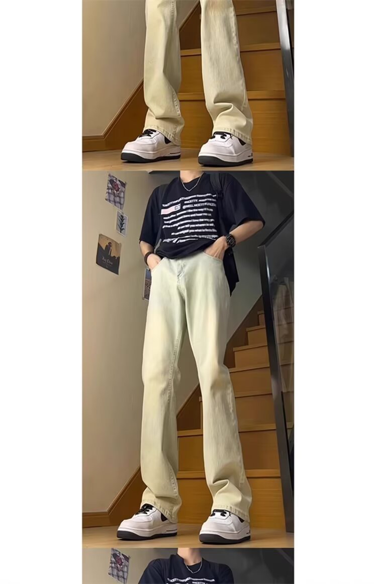 美式复古裤子高街水洗黄泥色牛仔裤男女款夏季高腰直筒修身微喇裤详情4