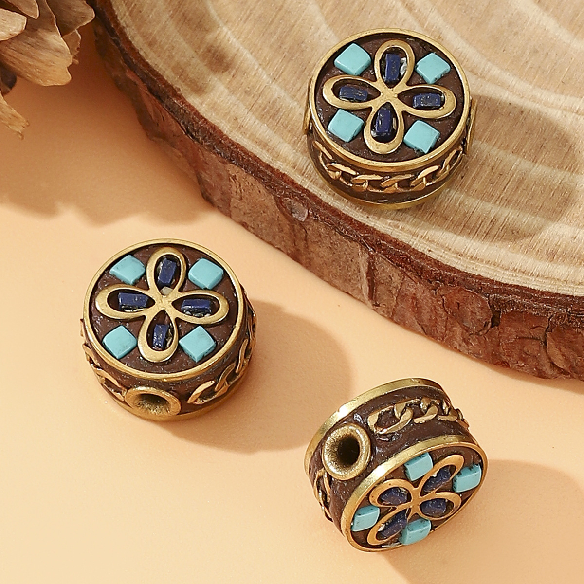 Tibetan-style retro Nepalese copper bead and blue turquoise inlaid back cloud DIY jewelry accessories, beaded cultural play accessories pic 1