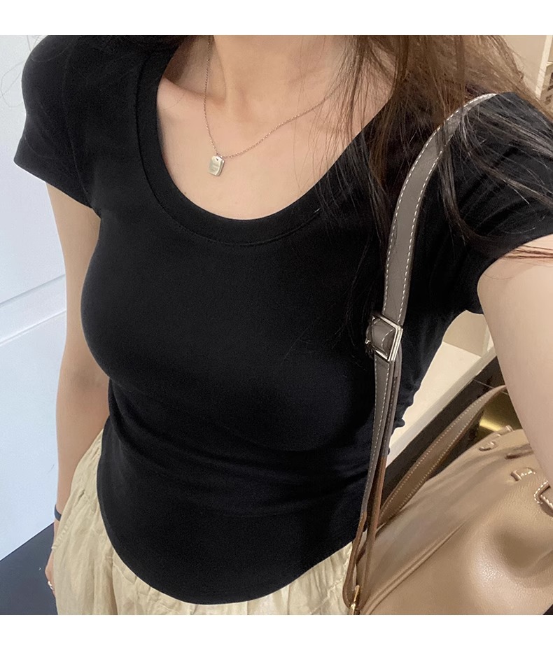 辣妹正肩紧身短袖T恤女 2025夏季新款直播显身材 茶艺风格低领紫色上衣 女式T恤青春时尚潮流详情23