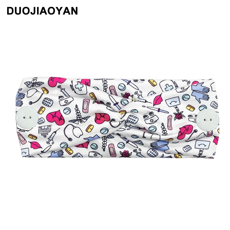 New European and American medical headband, anti-strangling button mask, headscarf, cross stretch printed wide tie headband, medical headscarf pic 30