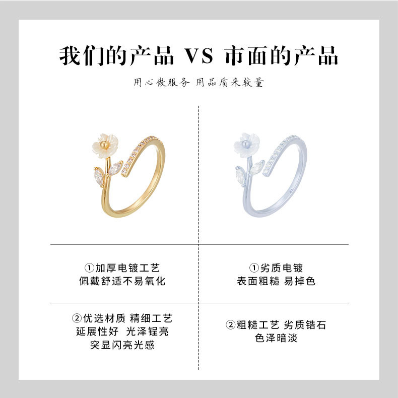 Fresh and elegant mother-of-pearl flower open ring, copper alloy slightly inlaid zircon adjustable index finger ring, exquisite ring pic 13