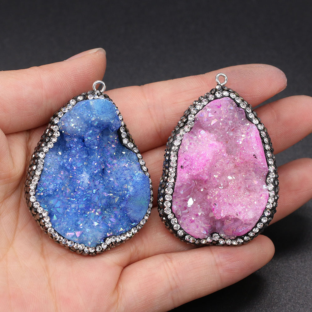 Natural semi-precious stone irregularly shaped agate crystal bud diamond-encrusted edge pendant DIY jewelry accessory, handcrafted wholesale pic 7