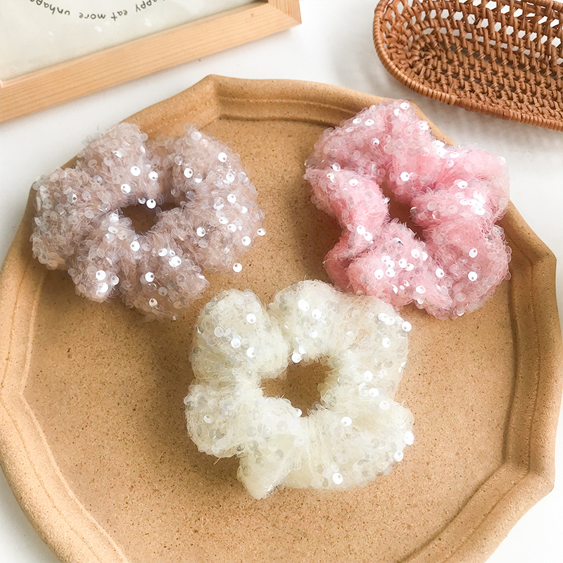 新款可爱闪闪亮片蕾丝高马尾发圈百搭亮片丝绒超大肠圈发绳发饰详情4