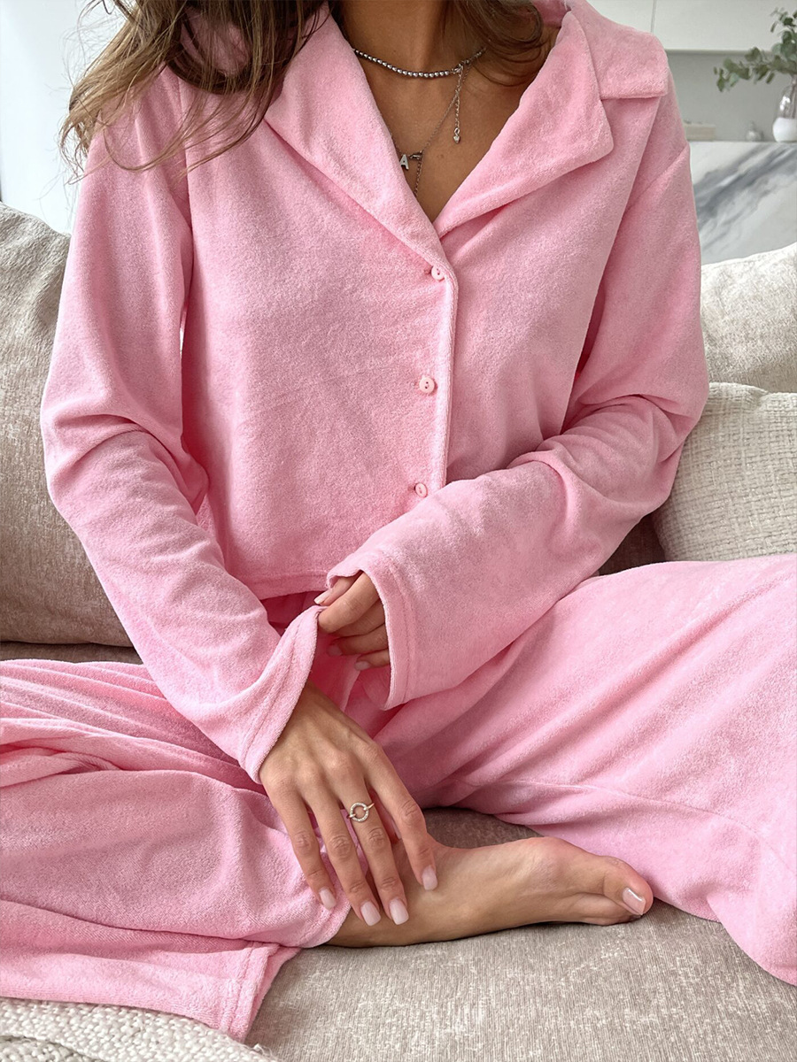 Cross-border pink fleece long-sleeved and long pants pajama set, European and American autumn and winter new cardigan pajamas, comfortable home wear for women pic 13