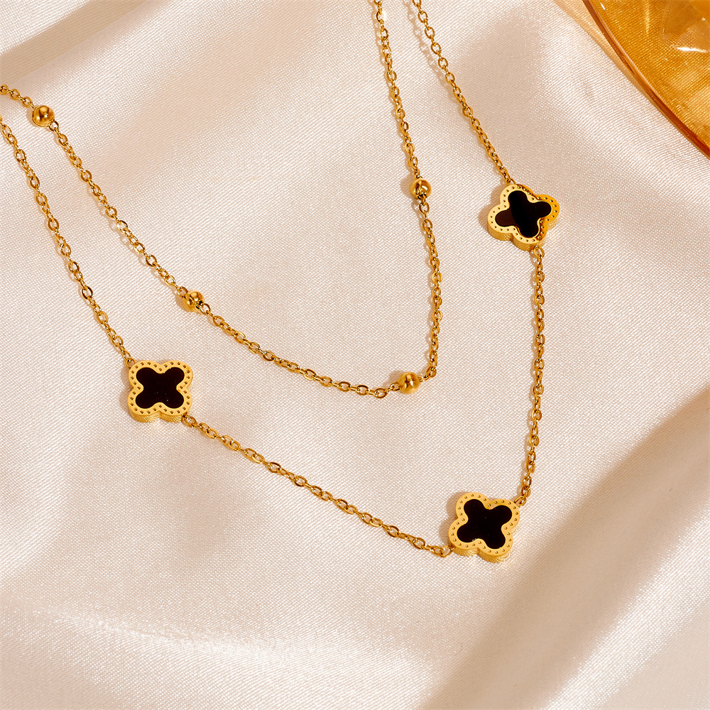 时尚钛钢四叶草双层手链项链套装 欧美不锈钢不掉色幸运项链手链详情4