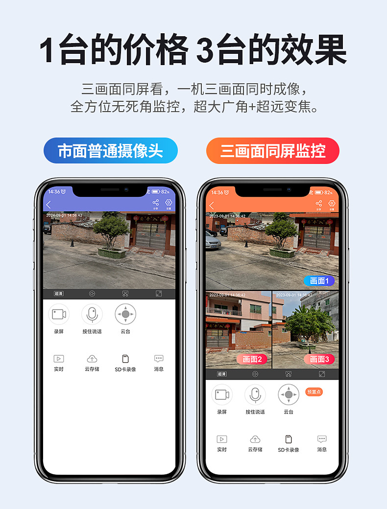 无线摄像头监控双画面家用夜视高清360全景4G远程wifi室外监控器详情11