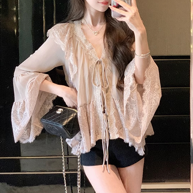 新中式【少女双调】2025新款春装气质雪纺衫小衫长袖蕾丝衬衫女百搭上衣详情6