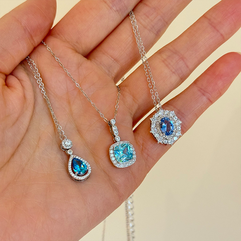 Blue necklace stud earrings collection, all-silver necklace, exquisite and elegant commuting collarbone chain, s925 silver versatile jewelry pic 4