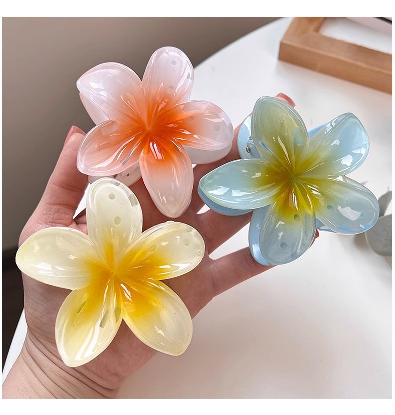 欧美跨境彩色鸡蛋花发夹花朵抓夹复古女士侧抓半抓后脑勺鲨鱼夹详情6