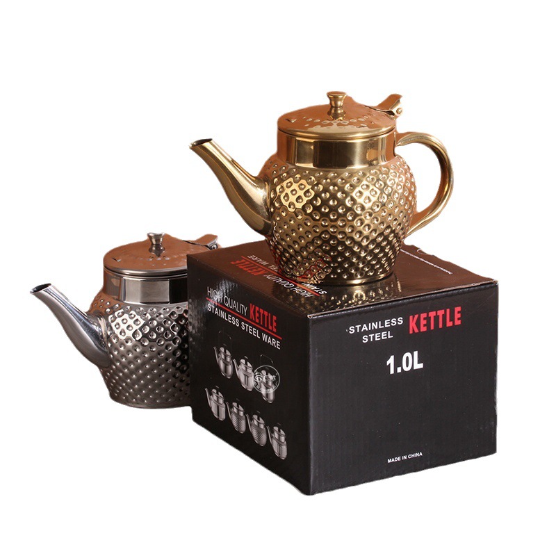 跨境不锈钢水壶安士咖啡壶无磁印度茶壶镀金锤纹带滤油网详情6