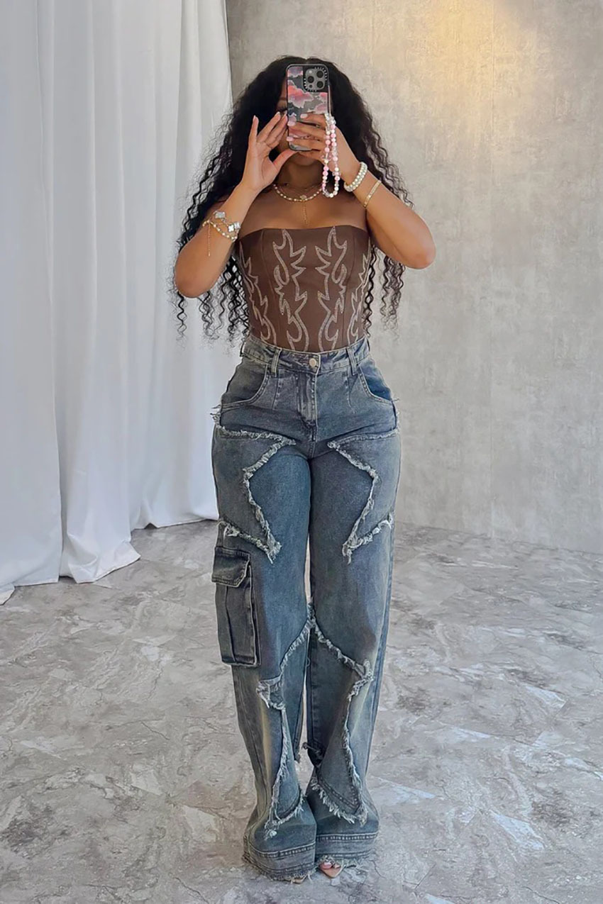 Transfronterizo europeo americano patchwork nicho diseño jeans chica caliente flecos pentacle flojo pantalones rectos pic 4