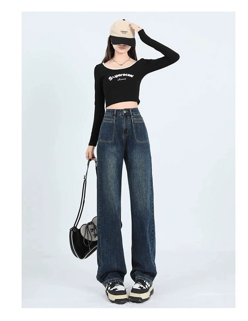 复古窄版阔腿牛仔裤女2024新款春秋高腰直筒宽松小个子垂感拖地裤详情9