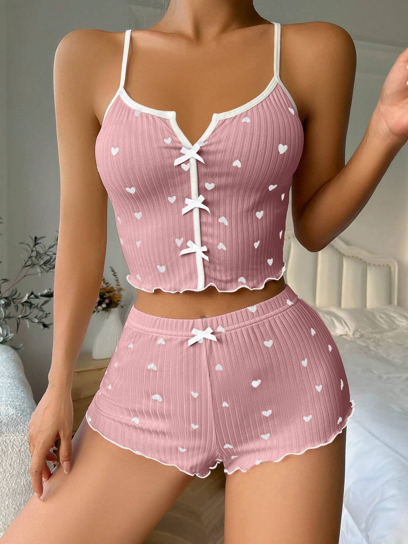 2025 New bestsellers: Bow-shaped home wear, ribbed set, halter shorts, pure and stylish pajamas for women in summer pic 5