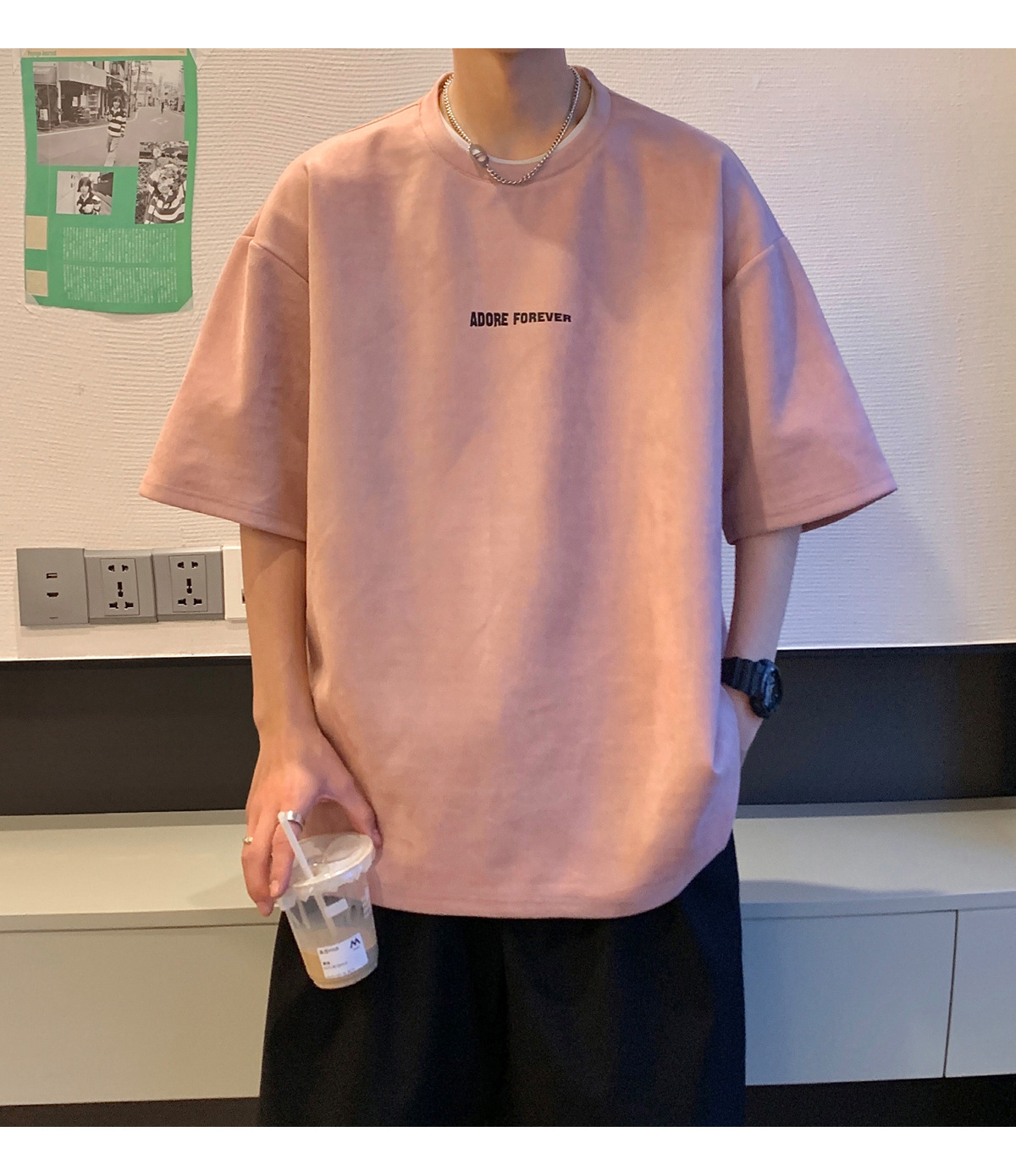 Avocado Green 320g heavyweight T-shirt for men, American retro suede short-sleeved, oversized small collar, three-quarter sleeve pic 39