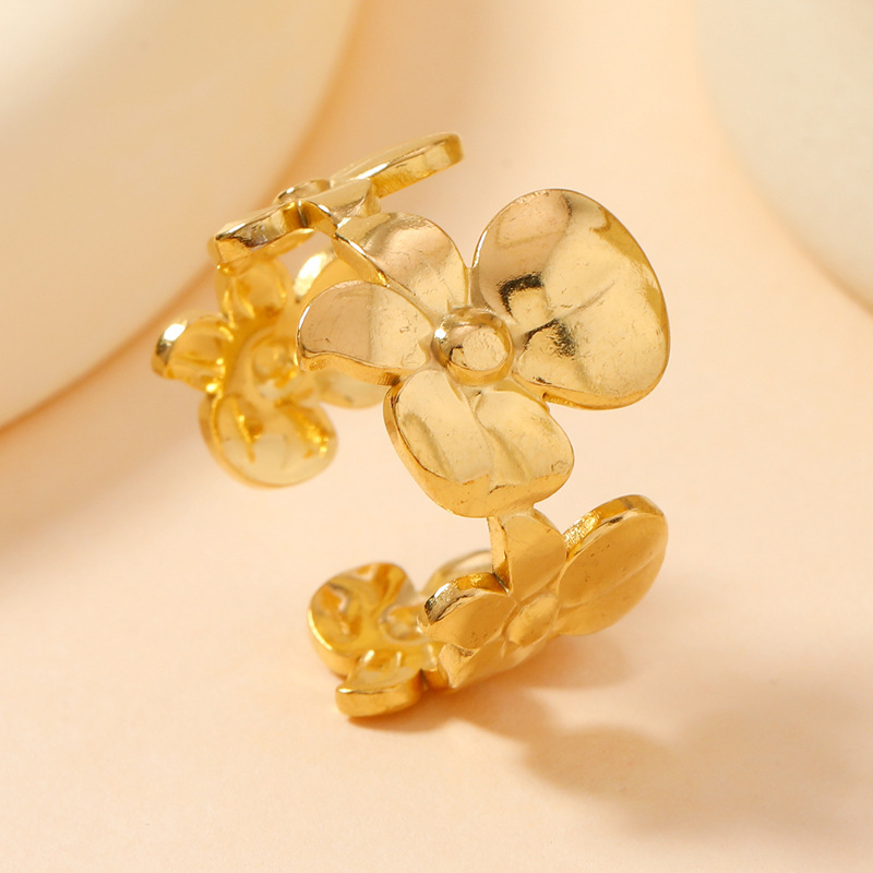 欧美时尚钛钢戒指 法式复古流行油压贝壳 花朵开口戒不锈钢饰品详情6