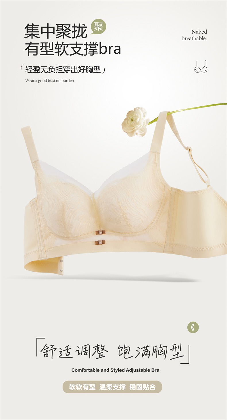 New Spring/Summer 2024 Korean-style eyelash lace mid-thick cup gathering side-tightening accessory breast adjustable bra for women pic 14