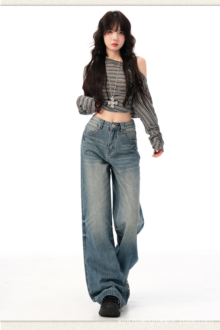 新塘牛仔之都美式复古嘻哈辣蓝色牛仔做旧直筒宽松拖地长裤女款详情9