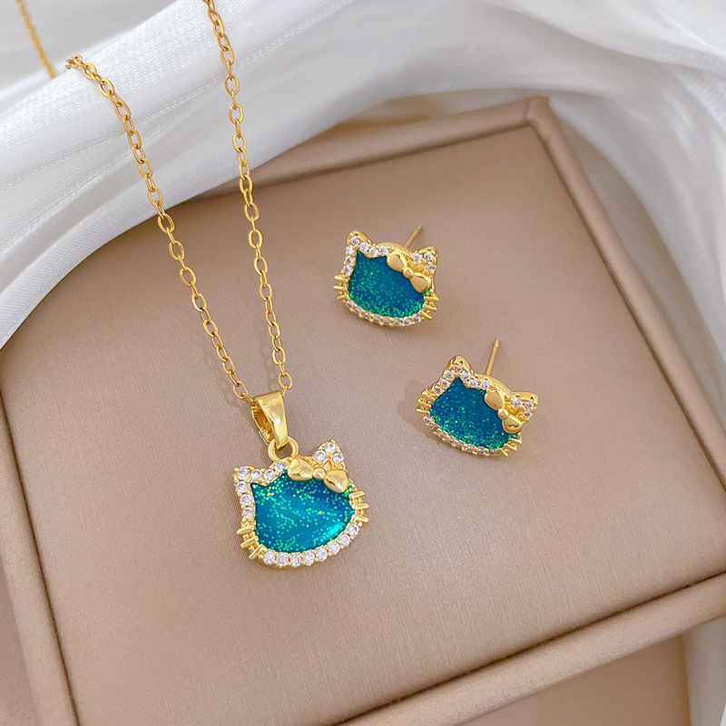 【钛钢】炫彩蝴蝶结猫咪轻奢气质华丽满钻项链女百搭锁骨钛钢链详情2