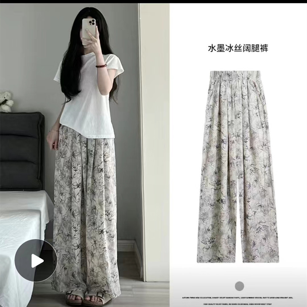 国潮-印花水墨国风冰丝阔腿裤女夏季高腰显瘦山本裤宽松直筒休闲遛弯裤详情9