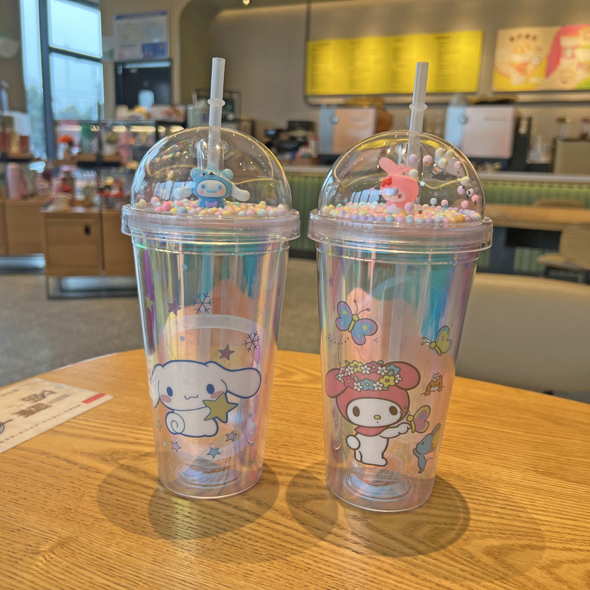 外贸热销炫彩镭射塑料杯双层批发网红吸管杯卡通库洛米水杯景观杯详情16
