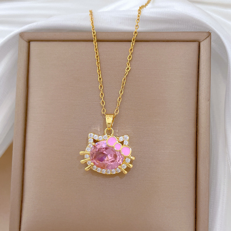 【钛钢】粉色猫咪蝴蝶结轻奢气质华丽满钻项链女百搭锁骨钛钢链详情10