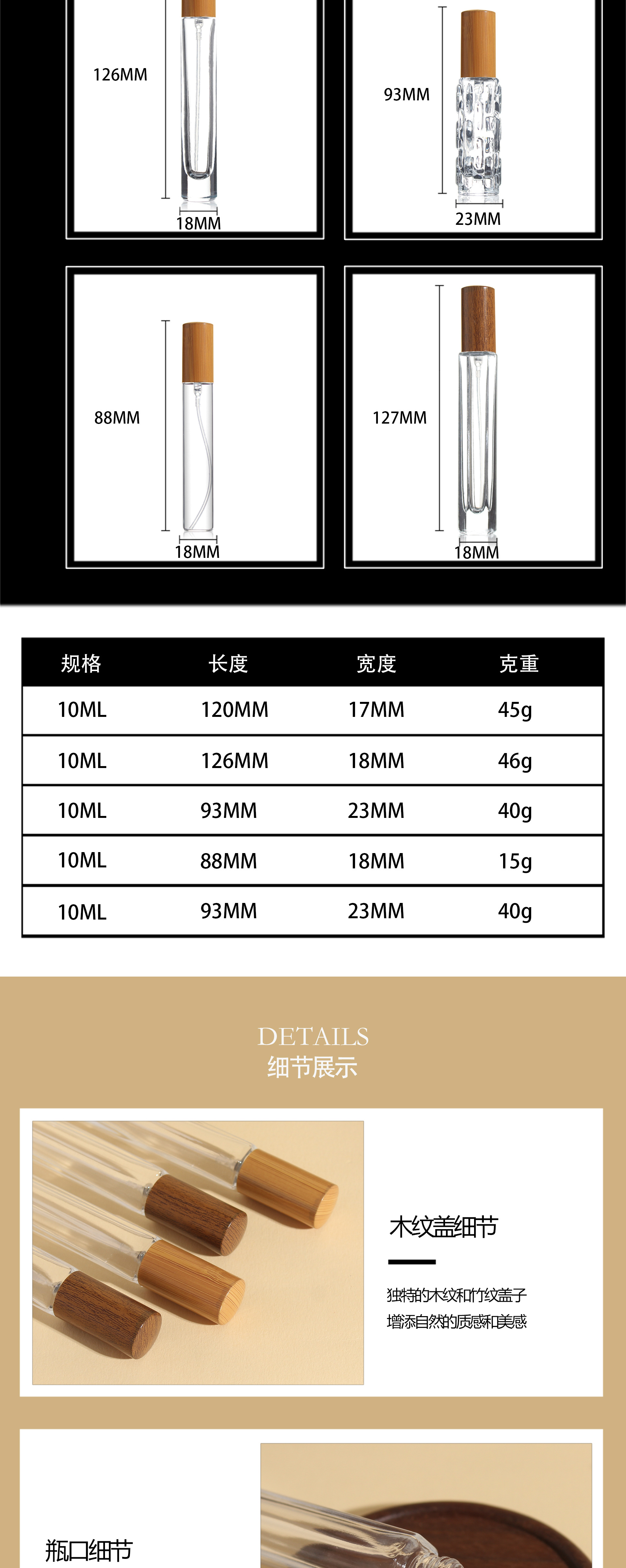 现货10ml香水小样分装瓶木纹竹纹盖六棱形按压式透明玻璃喷雾瓶子详情2
