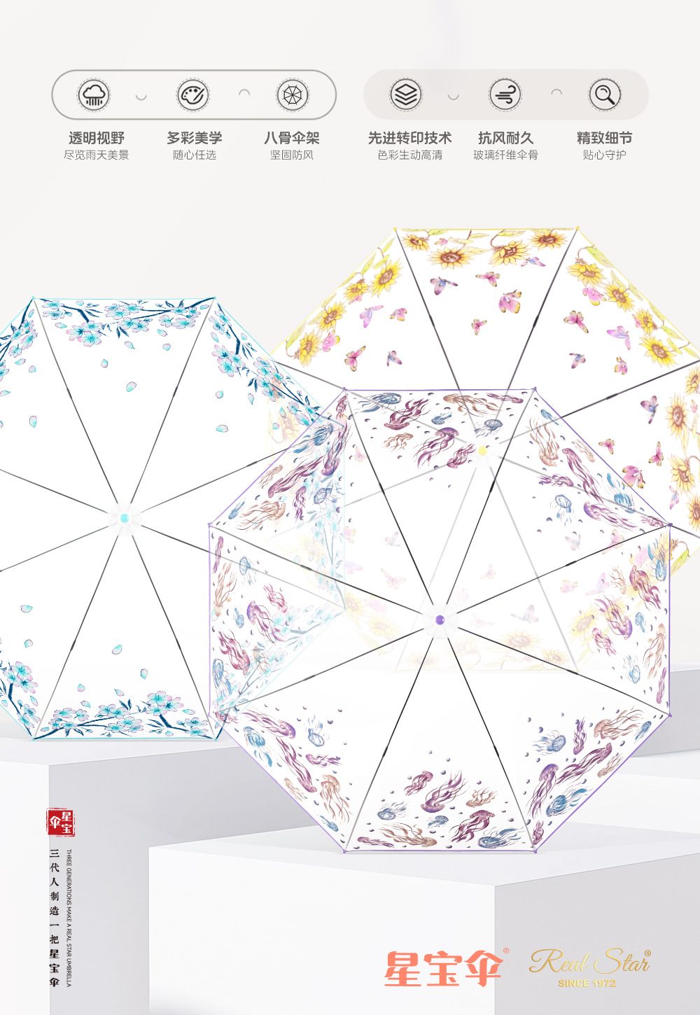 Cross-border automatic ins Japanese new long-handled umbrella, matte, frosted plastic transparent umbrella, jellyfish flower in stock for export pic 4