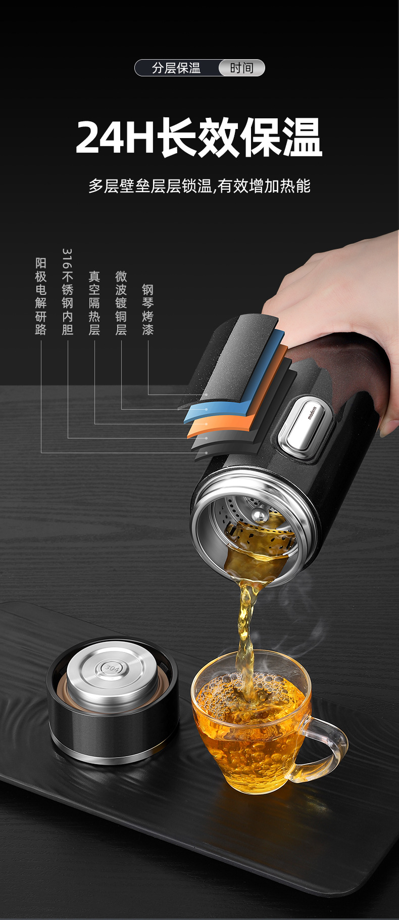 2024 New one-click lid car insulated cup with tea and water separation high-end gift car quick-boiling water cup for brewing tea pic 7