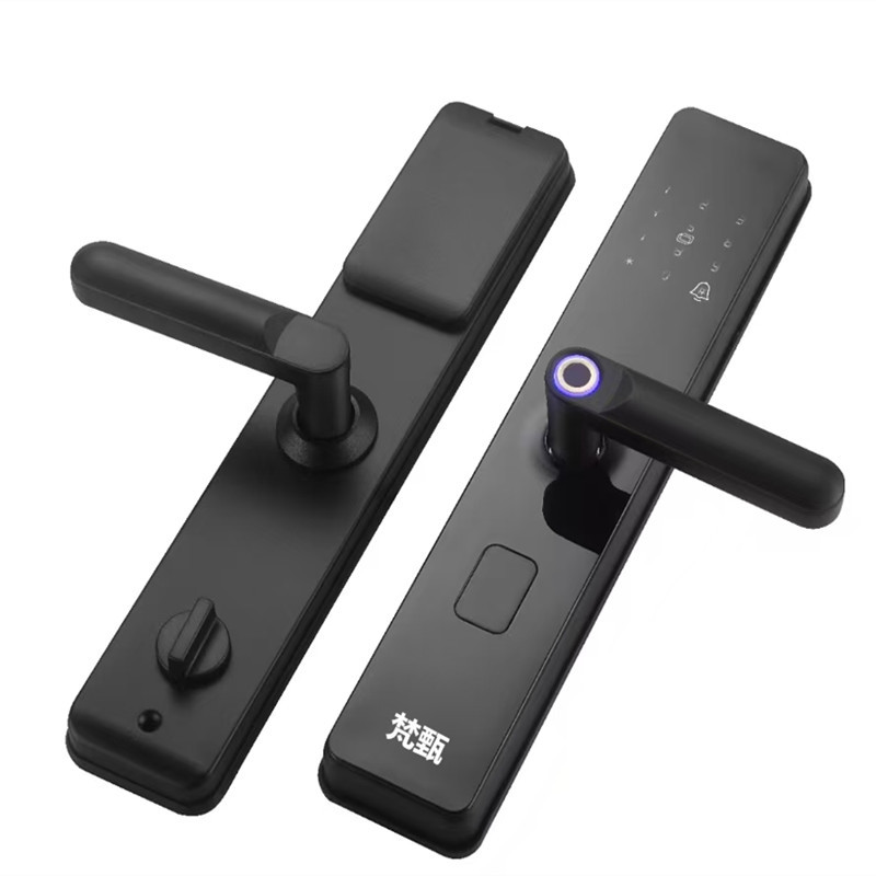 Black smart door lock with facial and fingerprint recognition, digital keyboard handle, specially designed for wooden doors pic 15