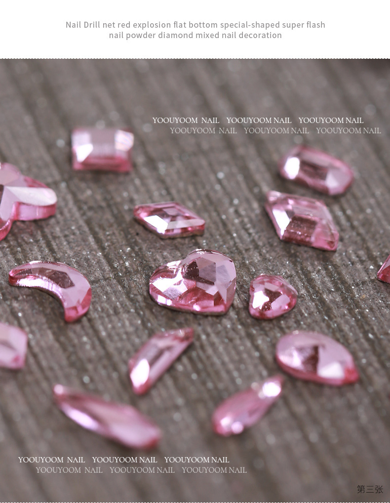 Wholesale of K9 nail art diamond accessories: Fairy light pink flat-bottomed irregular-shaped diamond, glass water diamond, Super shiny mini best-selling nail drill pic 3