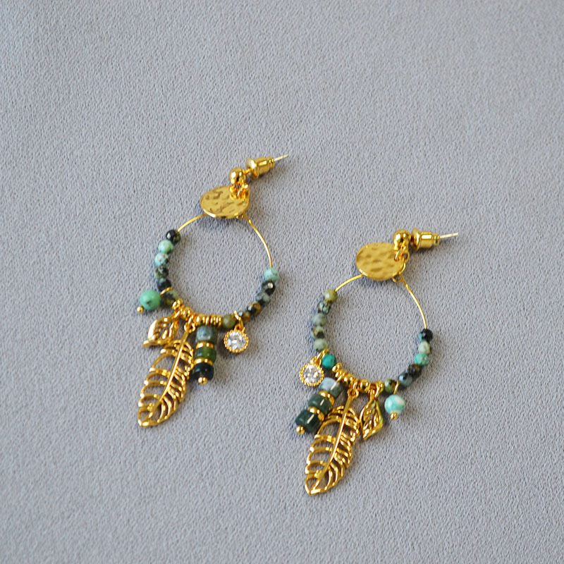 欧美小众设计复古文艺绿松石树叶捕梦网925银针气质百搭耳钉耳饰详情5