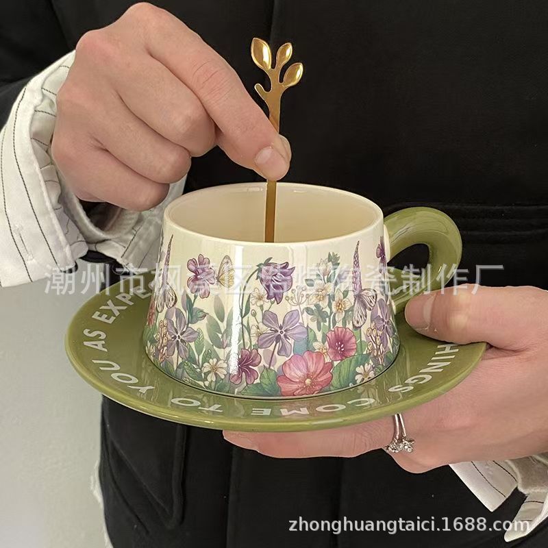 复古美式陶瓷杯碟中古风油画绿铃兰花咖啡杯碟赫本风下午茶马克杯详情4