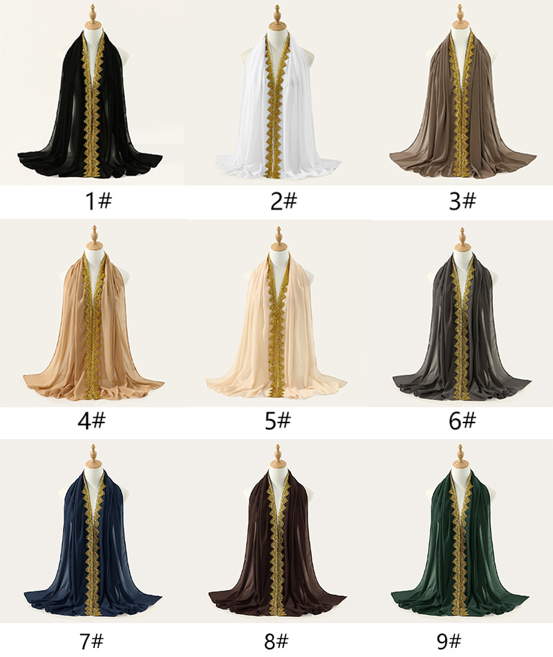 新款跨境热销金色皇冠波浪边纯色雪纺长巾女百搭时尚民族披肩头巾详情3