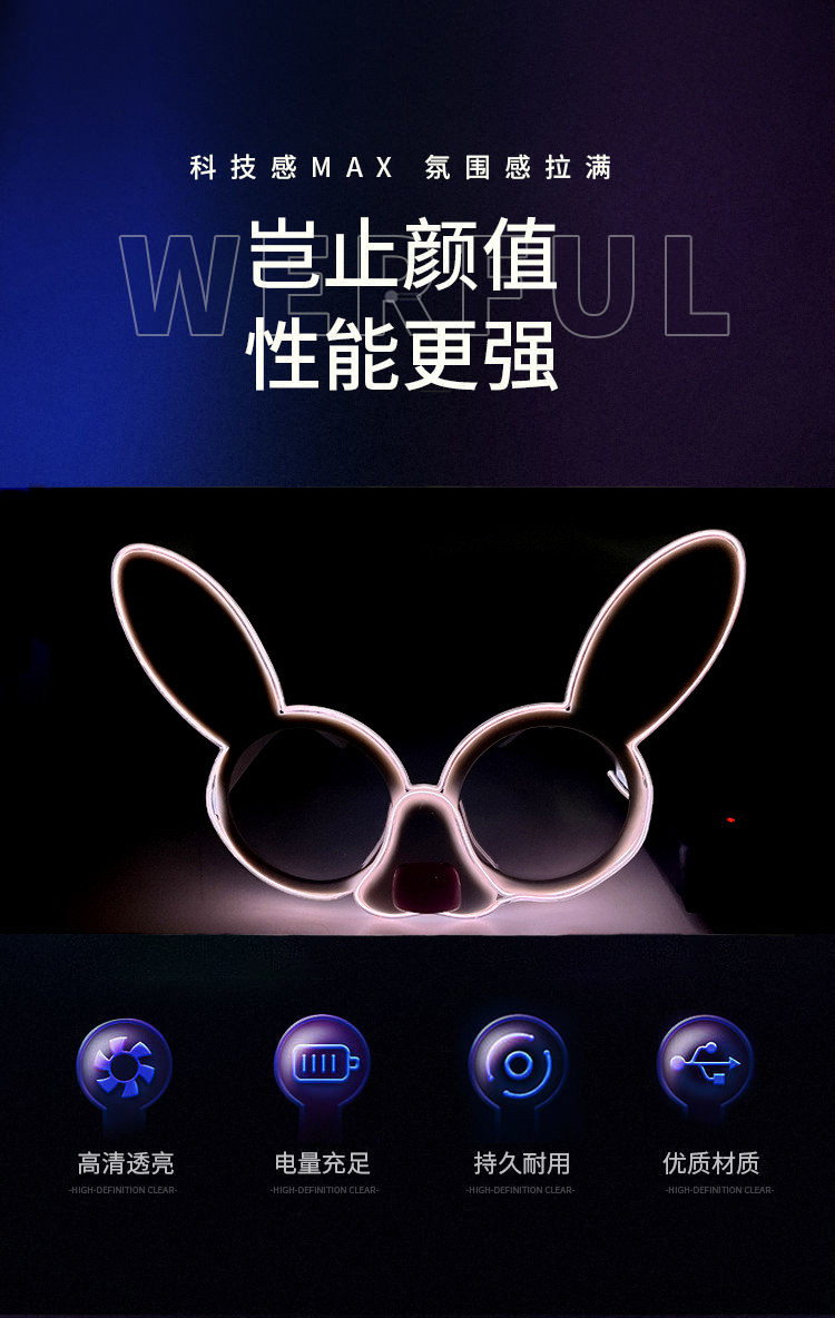 LED兔子发光EL兔耳朵发光眼镜 KTV电音节万圣节闪光气氛蹦迪排队狂欢舞台节目表演道具详情2