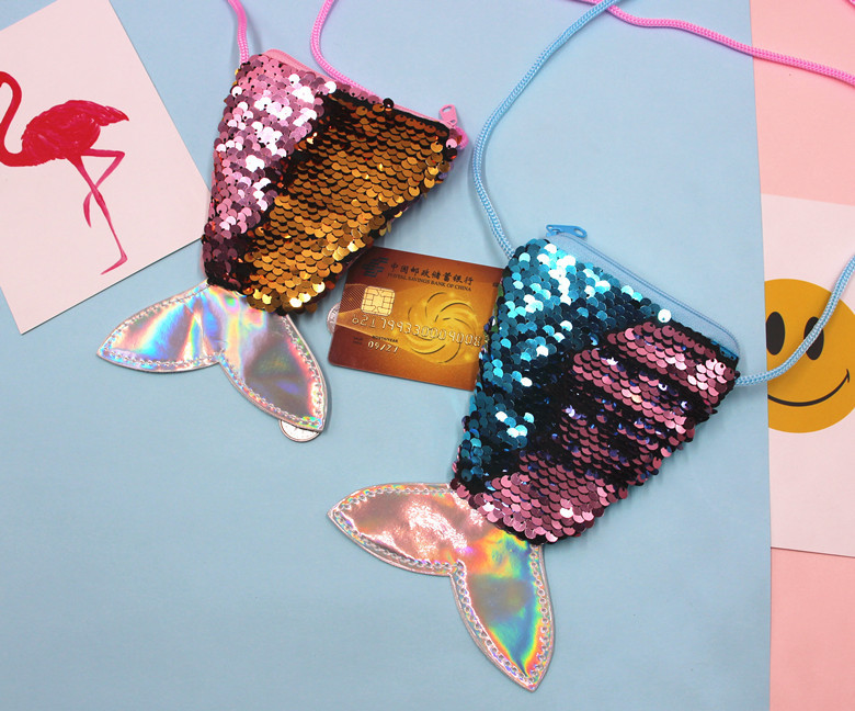 亮片美人鱼挂绳硬币包小钱包儿童斜跨小包鱼尾巴双色亮片零钱包女详情9