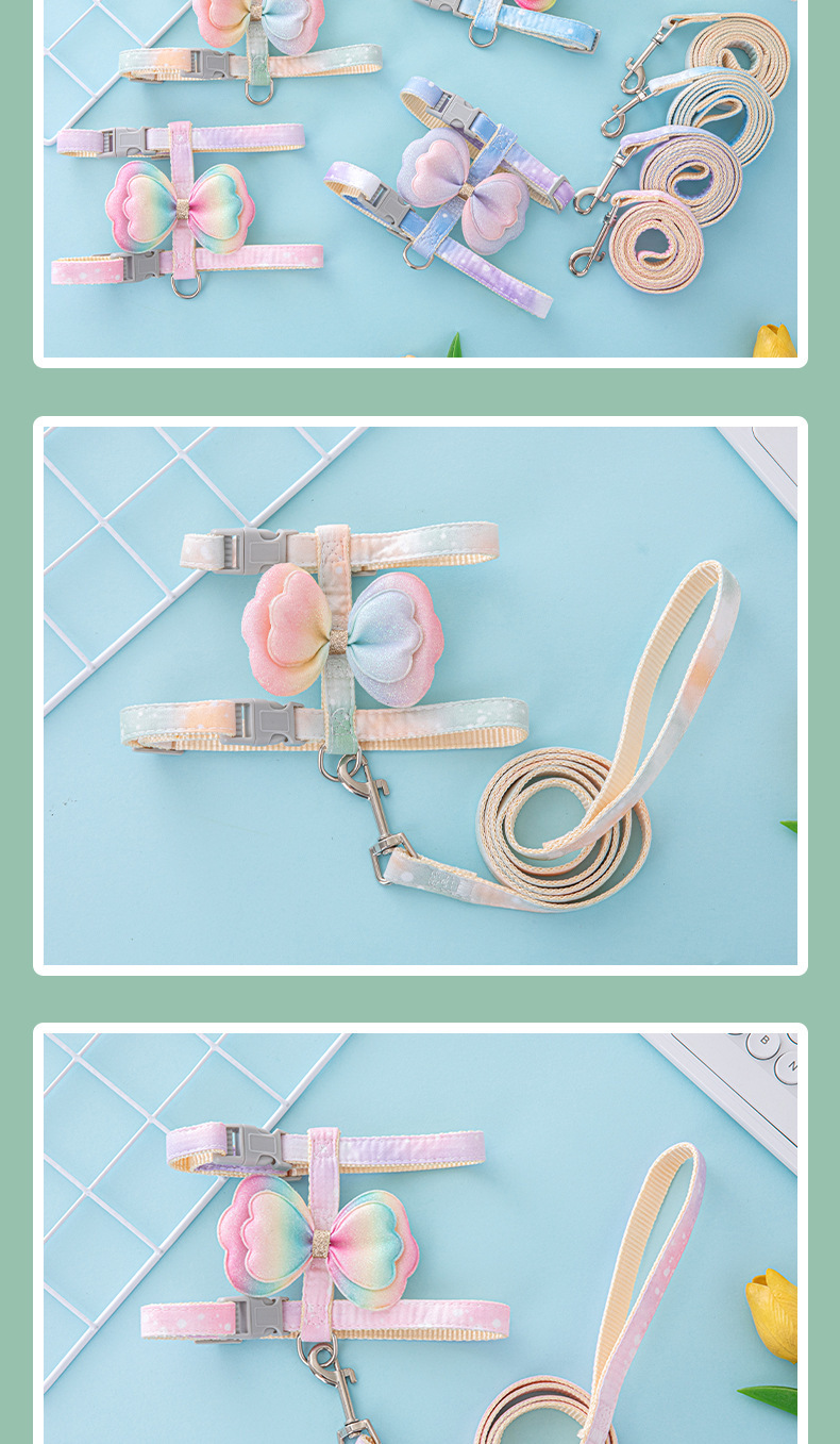 Cross-border pet leash with gradient color bow anti-escape cat leash, small pet cat leash supplies pic 7