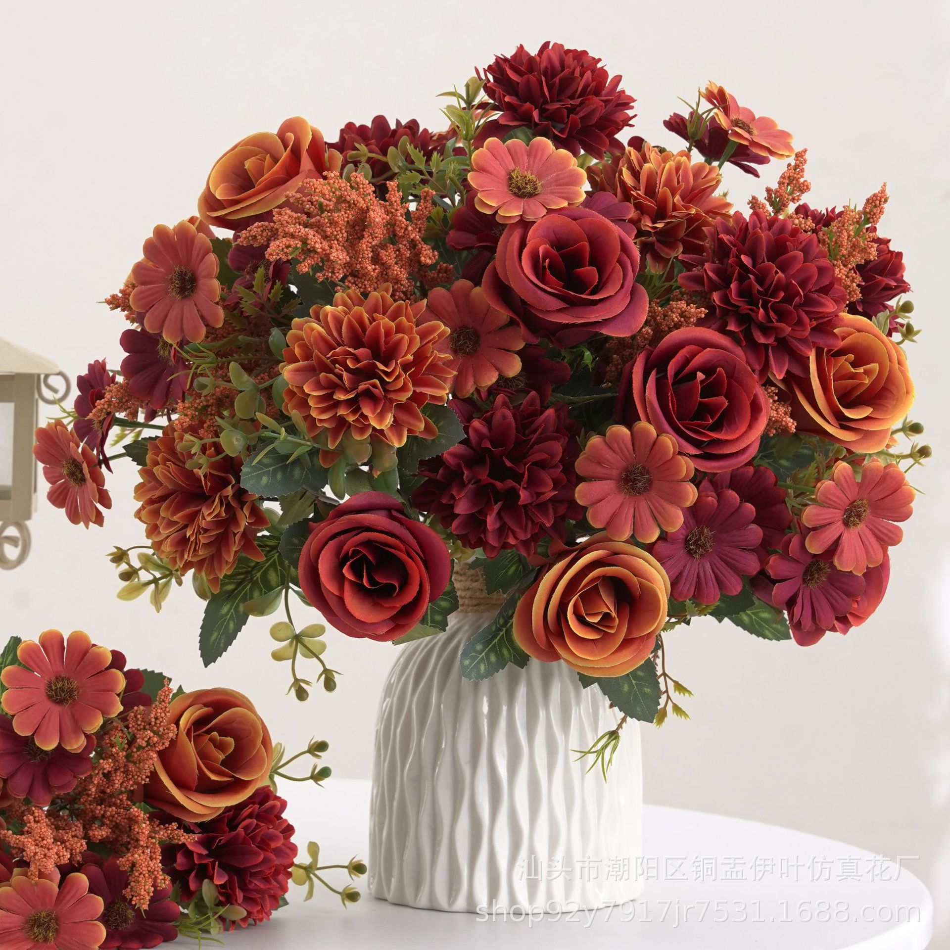 欧式仿真花假花7叉秋色玫瑰球菊手捧花绢花家居婚礼装饰花小把束详情1