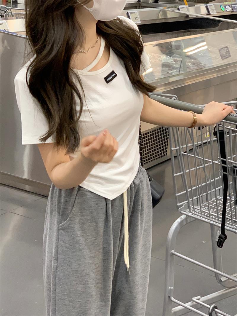 不规则设计感短袖T恤女夏季韩版2023新款辣妹风欲白色打底上衣详情20