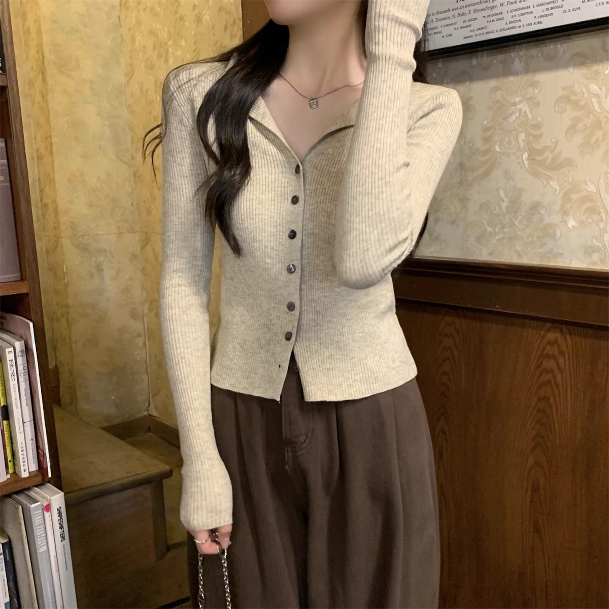 法式翻领长袖针织开衫女秋季2024新款小众设计感修身打底短款上衣详情27