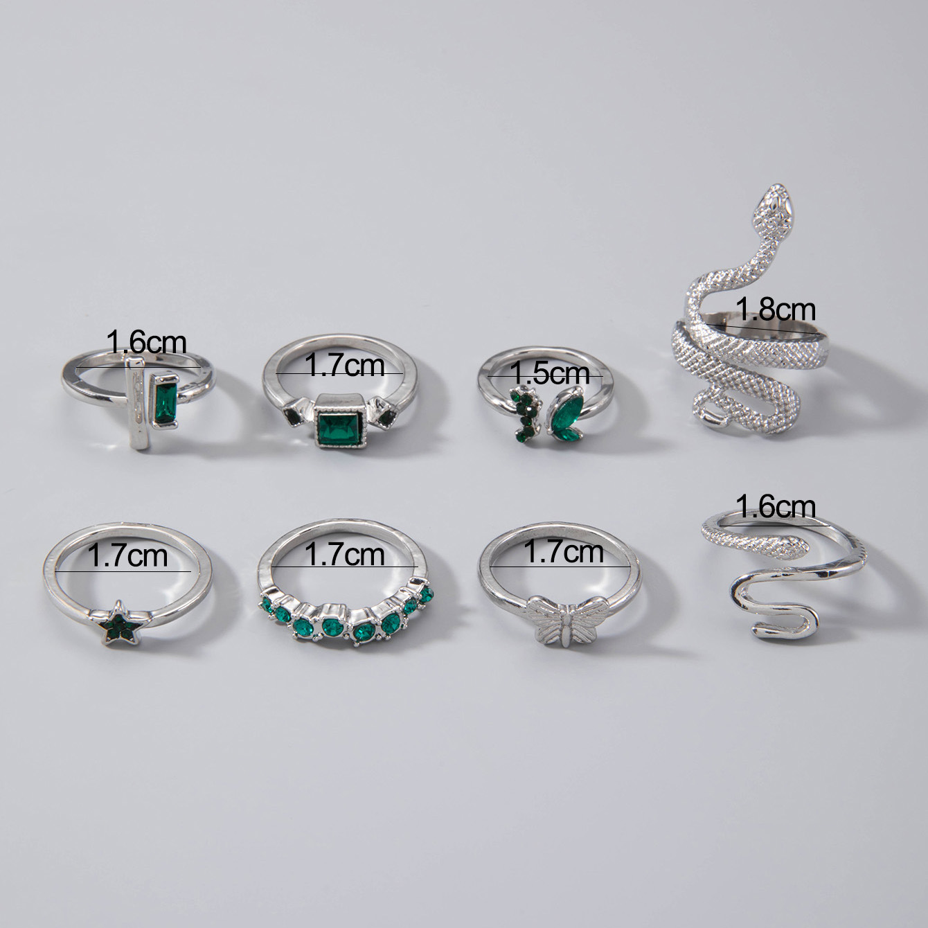 欧美流行饰品戒指手饰 蛇形爱心仿绿宝石镶钻ins风五件套戒指女详情51